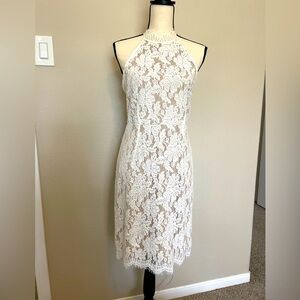 White Lace Backless Dress with Nude Underlay - Size M